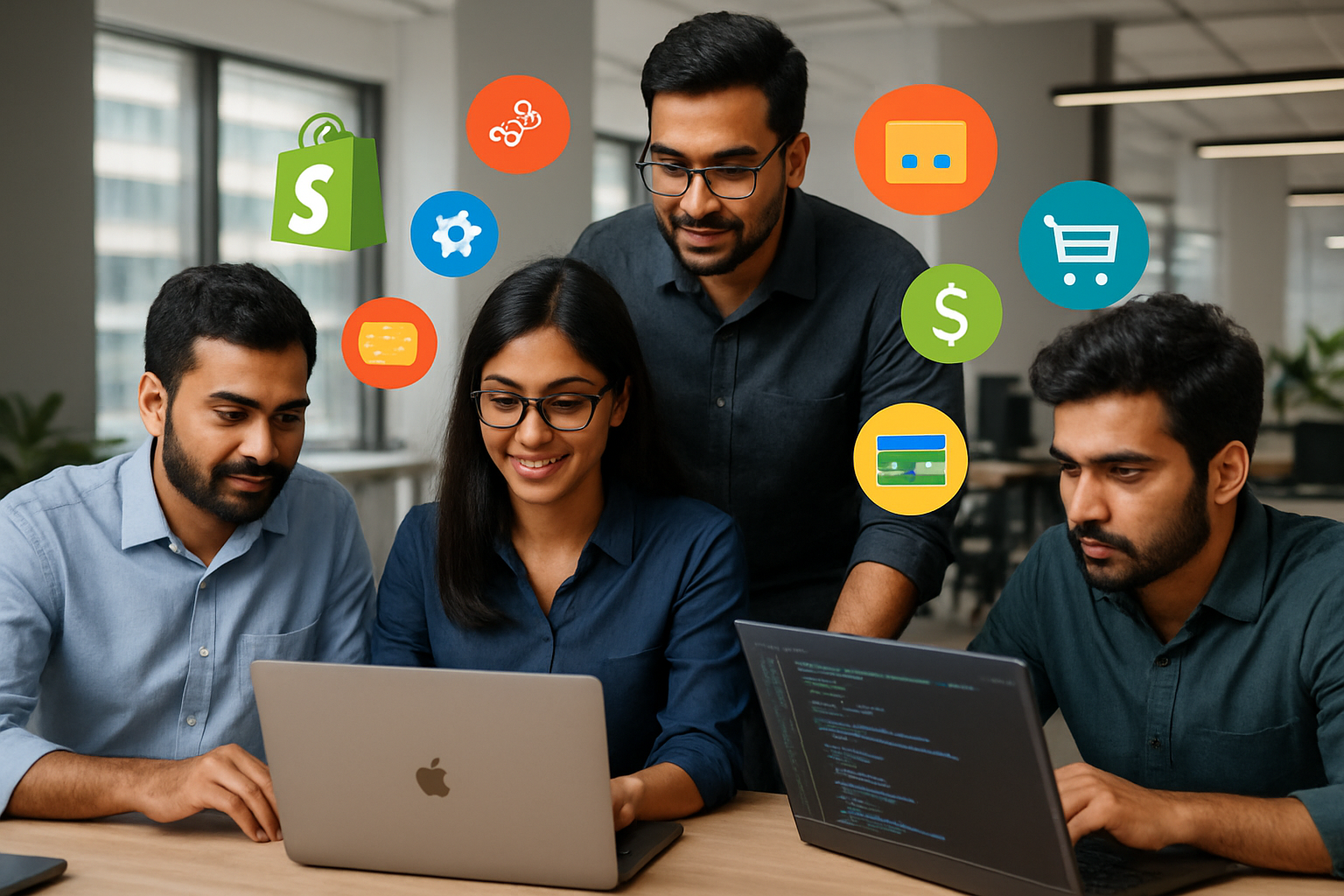 Indian Shopify developers collaborating in a modern workspace, e-commerce graphics.